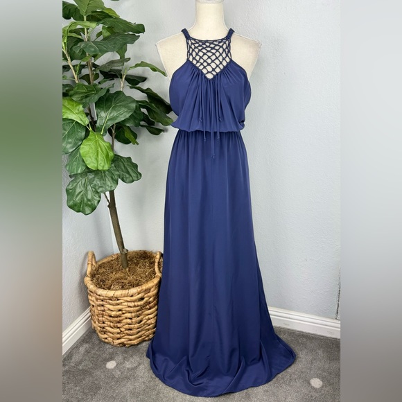 Rebecca Taylor Dark Clay Blue Purple Crochet Knit Halter Neck Maxi Silk Dress - Picture 1 of 6